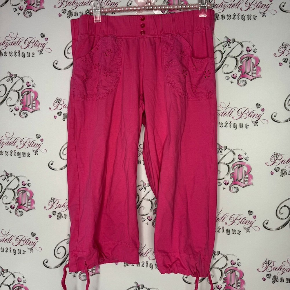 Victoria secret capri pants pink jogger style crochet pockets buttons cute y2k